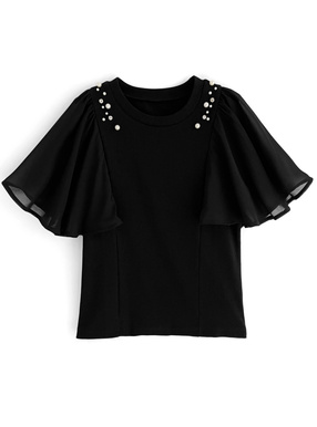 シフォンスリーブパールビジューリブトップス