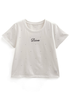 ラインストーンロゴ刺繍Tシャツ