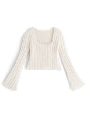 スクエアネックフレアスリーブフェザーニットトップス