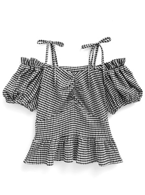 2Wayチェック柄パフスリーブリボンブラウス
