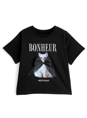 キャットプリントリボンロゴ刺繍Tシャツ