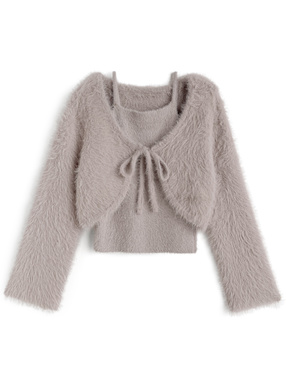 カーディガン×リボンキャミソールシャギーニットアンサンブル