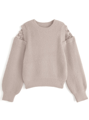 ショルダーレースシャギーニットトップス