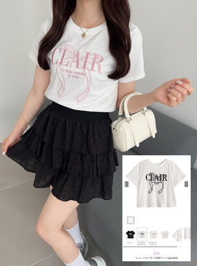 ショート丈リボン刺繍Tシャツ