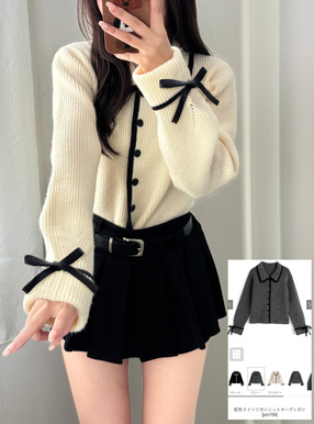 配色ラインリボンニットカーディガン