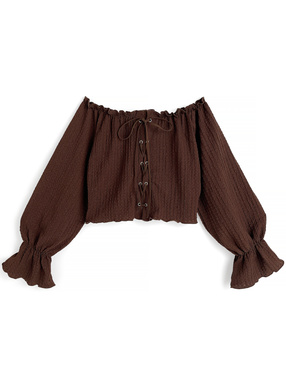 レースアップオフショルダーフリルトップス