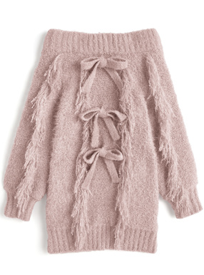 フリンジリボンオフショルダーニットミニワンピース