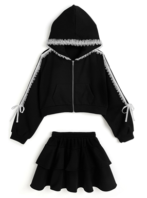 サイドラインフリルパーカー×ティアードミニスカートスウェットセットアップ