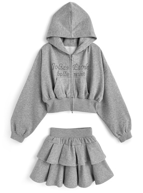 ラインストーンダブルジップパーカー×ティアードミニスカートスウェットセットアップ