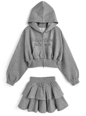 ラインストーンダブルジップパーカー×ティアードミニスカートスウェットセットアップ