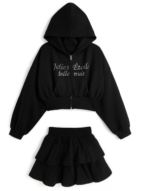 ラインストーンダブルジップパーカー×ティアードミニスカートスウェットセットアップ