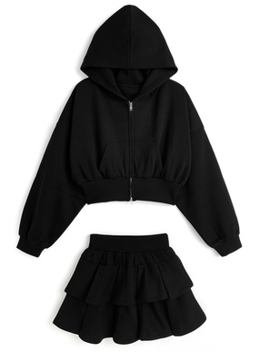 ダブルジップパーカー×ティアードミニスカートスウェットセットアップ
