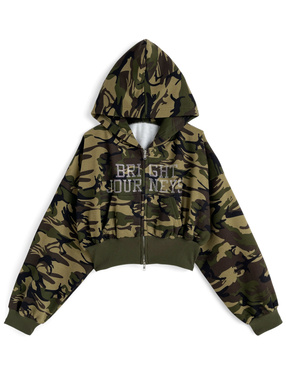 カモフラージュ柄ラインストーンダブルジップスウェットパーカー