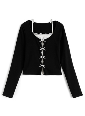 キャミレイヤード風リボンリブトップス