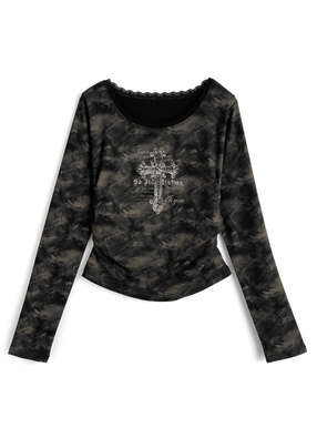 クロスロゴプリントギャザーリブトップス