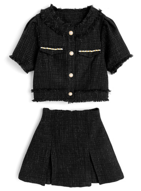 ノーカラーフリンジジャケット×フレアミニスカートツイードセットアップ