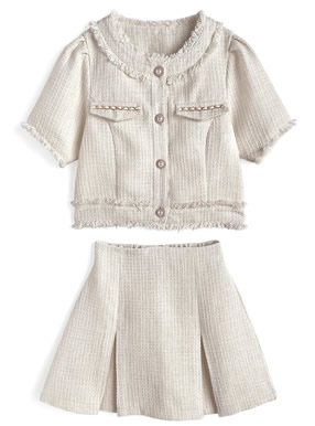 ノーカラーフリンジジャケット×フレアミニスカートツイードセットアップ