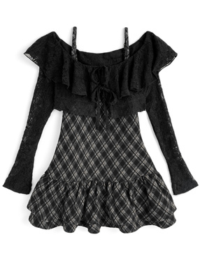 チェック柄キャミソールワンピース×レースボレロアンサンブル