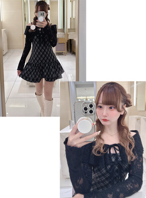 チェック柄キャミソールワンピース×レースボレロアンサンブル