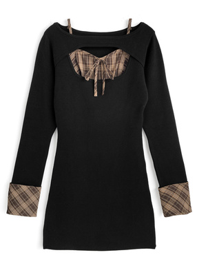 チェック柄フロントオープンリボンミニワンピース