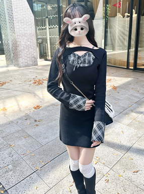 チェック柄フロントオープンリボンミニワンピース