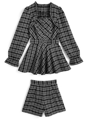 チェック柄レイヤード風ペプラムトップス×ショートパンツセットアップ