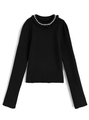 パールフリルリブニットトップス