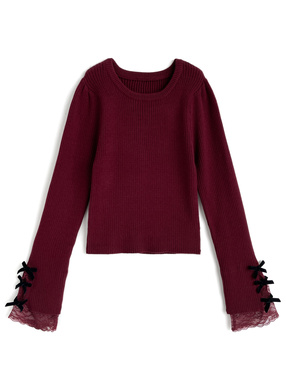 リボンレースリブニットトップス