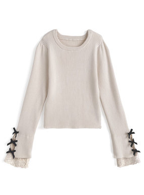 リボンレースリブニットトップス