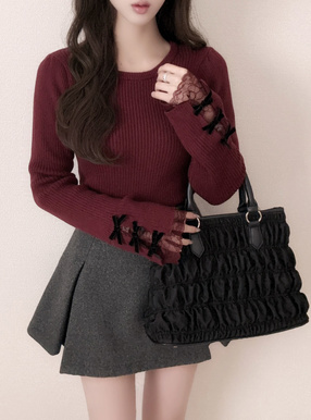 リボンレースリブニットトップス