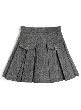 インパン裏地付きヘリンボーン柄タックプリーツミニスカート