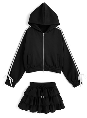 ベロアラインダブルジップパーカー×ティアードミニスカートスウェットセットアップ