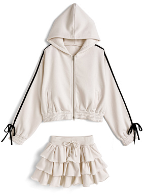 ベロアラインダブルジップパーカー×ティアードミニスカートスウェットセットアップ