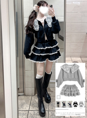 セーラーレースパーカー×ティアードフリルミニスカートスウェットセットアップ
