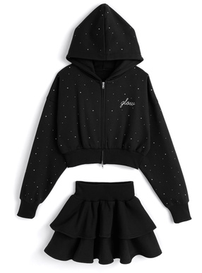 ラインストーンパーカー×ティアードフリルミニスカートスウェットセットアップ