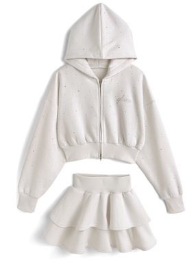 ラインストーンパーカー×ティアードフリルミニスカートスウェットセットアップ