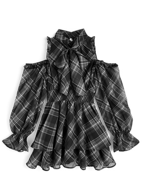 チェック柄ショルダーオープンリボンミニワンピース