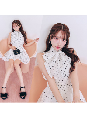 2Wayドット柄ショルダーオープンリボンミニワンピース