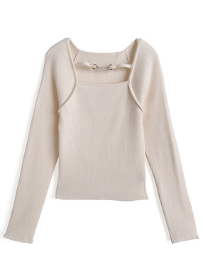 パールビットフロントオープンリブニットトップス