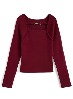 パールビットフロントオープンリブニットトップス