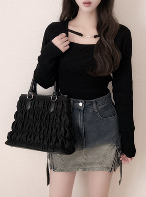 パールビットフロントオープンリブニットトップス