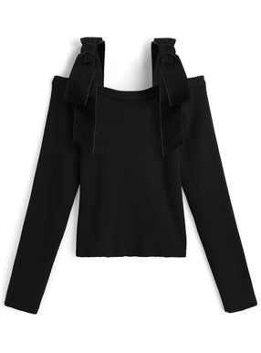 ベロアリボンオフショルダーリブニットトップス