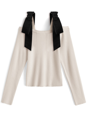 ベロアリボンオフショルダーリブニットトップス
