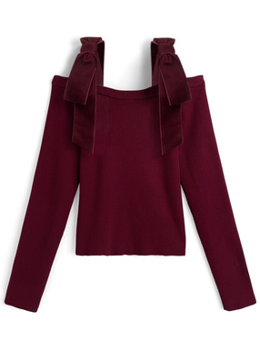 ベロアリボンオフショルダーリブニットトップス