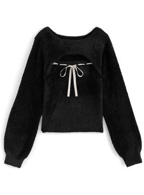 フロントオープンリボンシャギーリブニットトップス