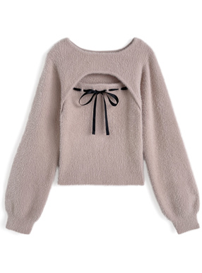 フロントオープンリボンシャギーリブニットトップス