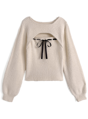フロントオープンリボンシャギーリブニットトップス