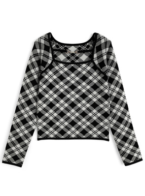 チェック柄パールビットニットトップス
