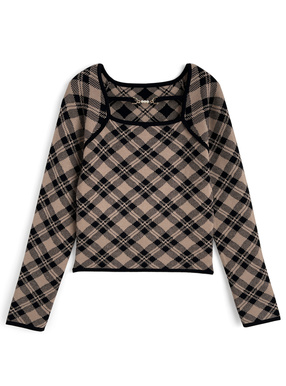 チェック柄パールビットニットトップス