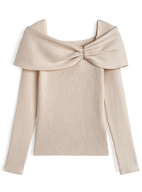 リボンビジューオフショルダーリブニットトップス